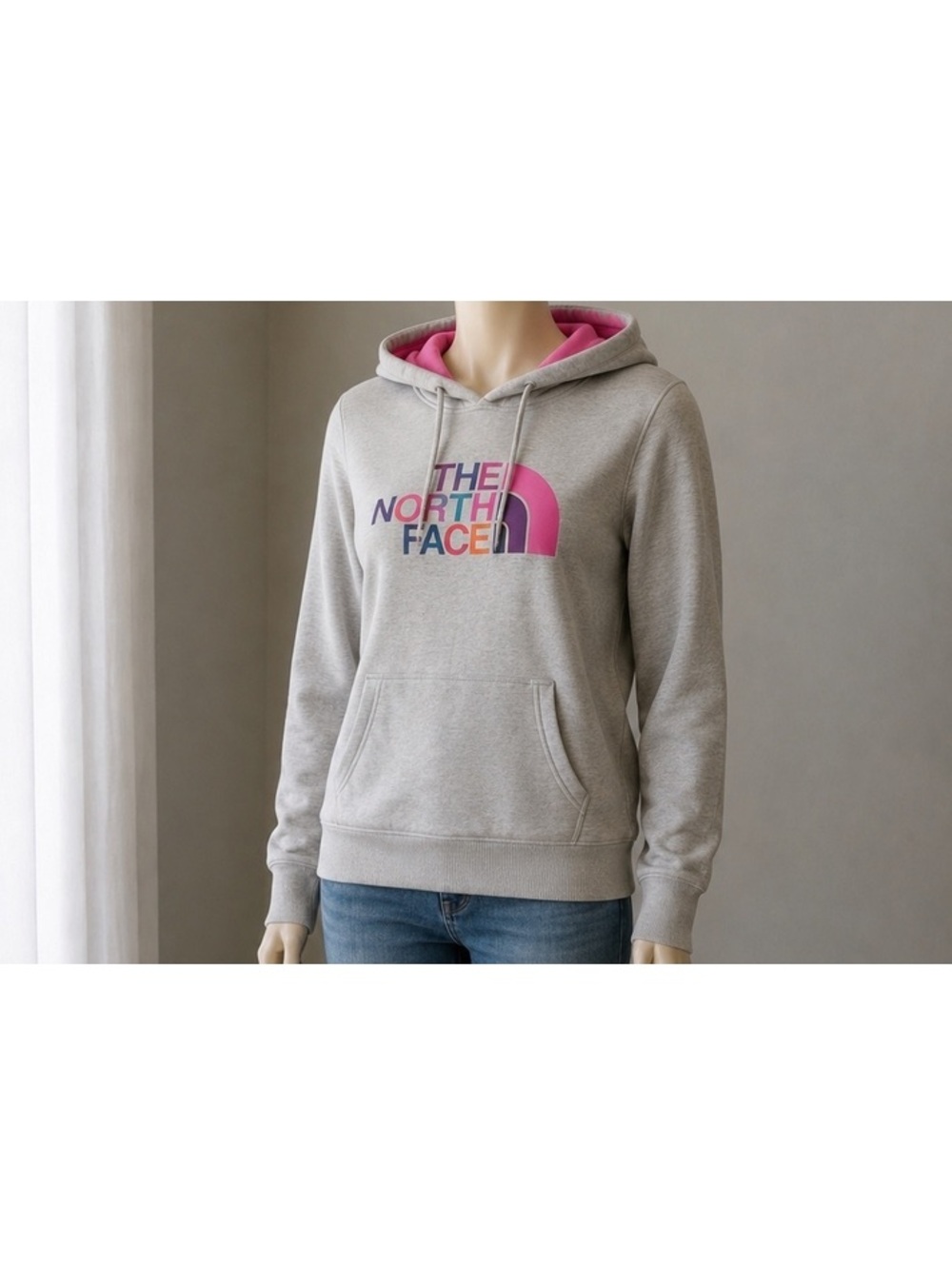 The North Face Women’s XL Gray Hoodie Multicolor Logo Pink Lined Hood